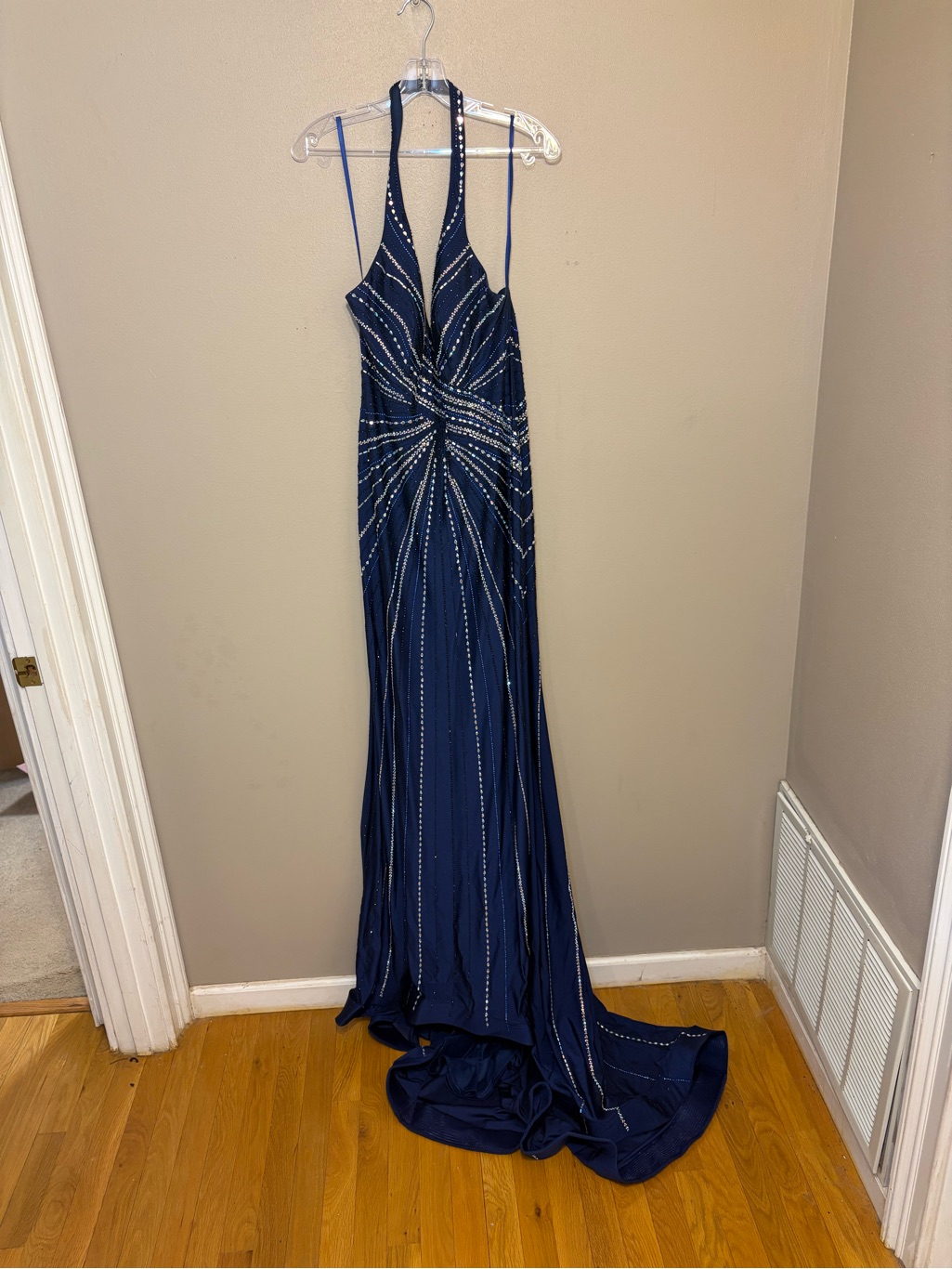 Ashley Lauren Navy Beaded Halter Prom Gown